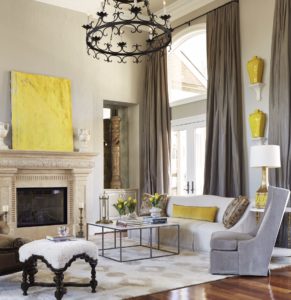 janie molster designs, yellow, neutral, living room, iron chandelier, richmond designers