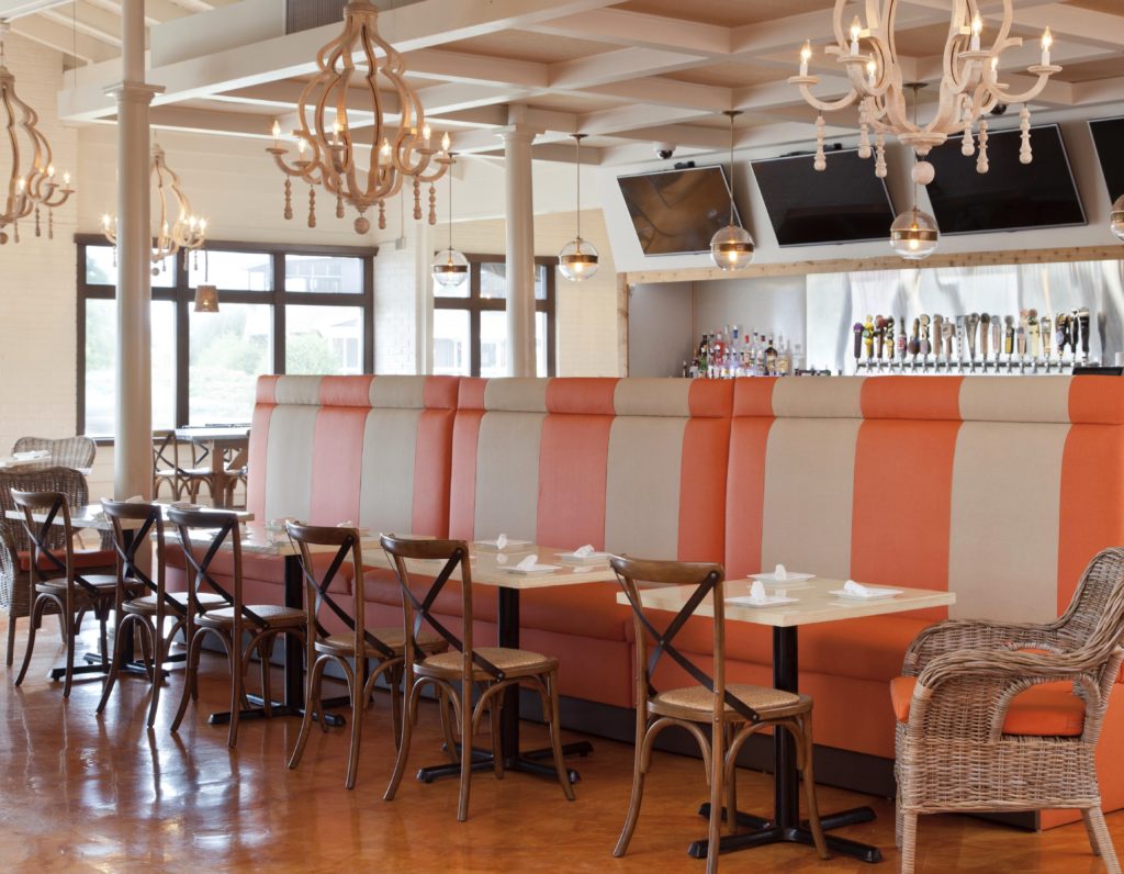 rooster southern kitchen, janie molster designs, richmond interior design, kill devil hills, stripes, striped banquette, coral and beige